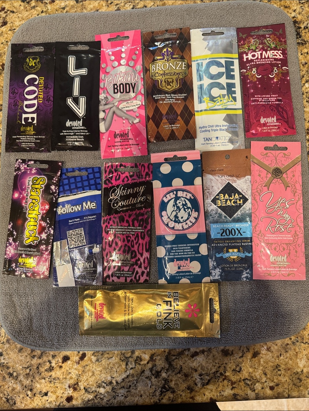 Assorted Tanning & Bronzing Lotion Sachet Pack - 13 total